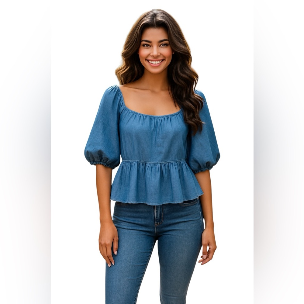 Sim & Sam Chambray Square Neckline Peplum Hem Top Smocked Back Casual Size M